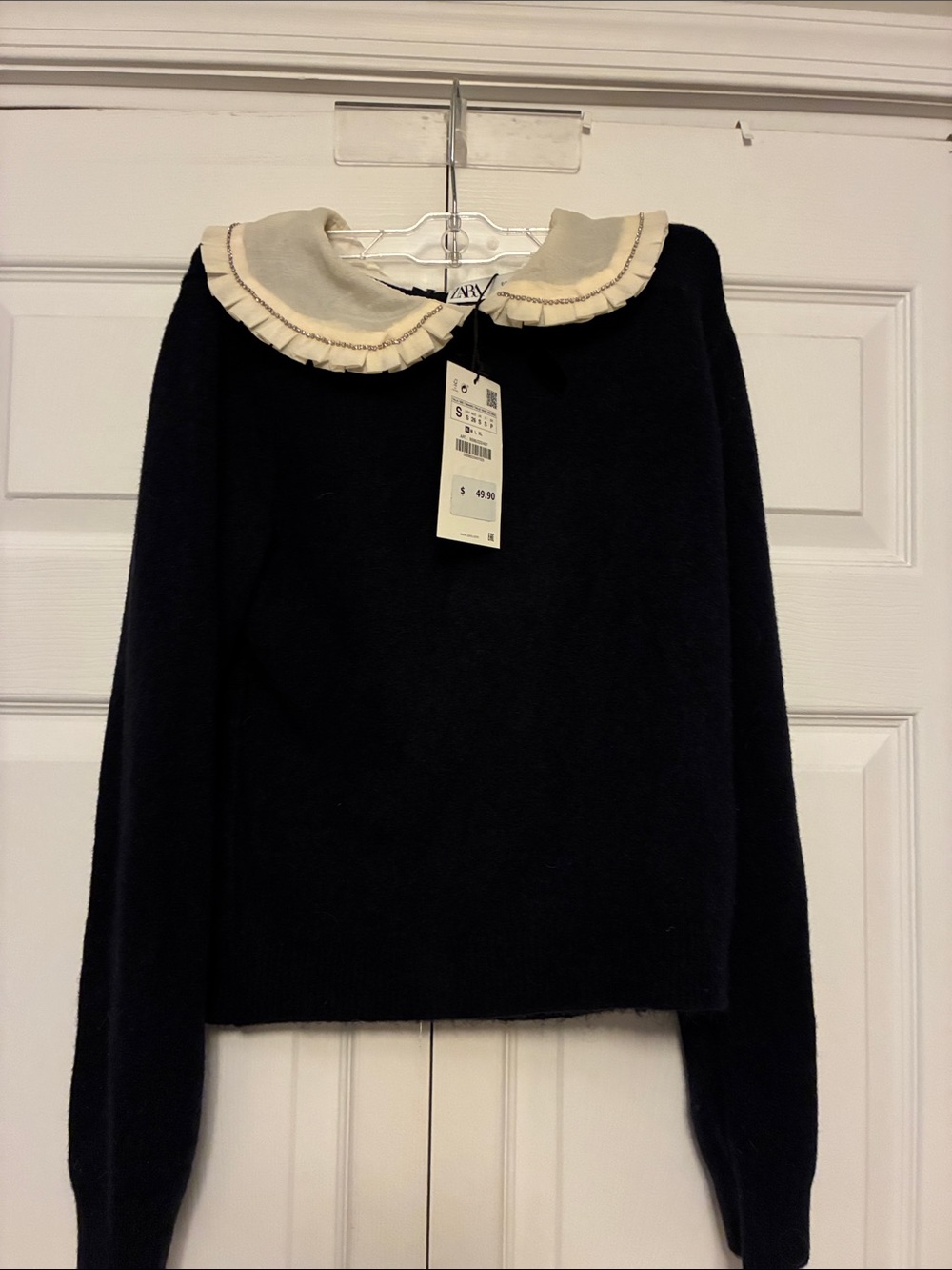 Zara NWT Frill Peter Pan Rhinestone Collar Navy Knit Jumper Sweater S 9598